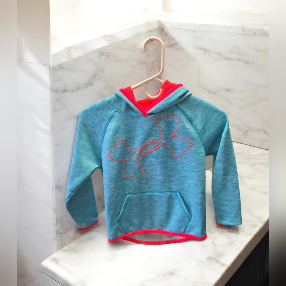 Under Armour Girls Size S  Blue Heathered Hoodie Sweatshirt Pink Logo Pullover